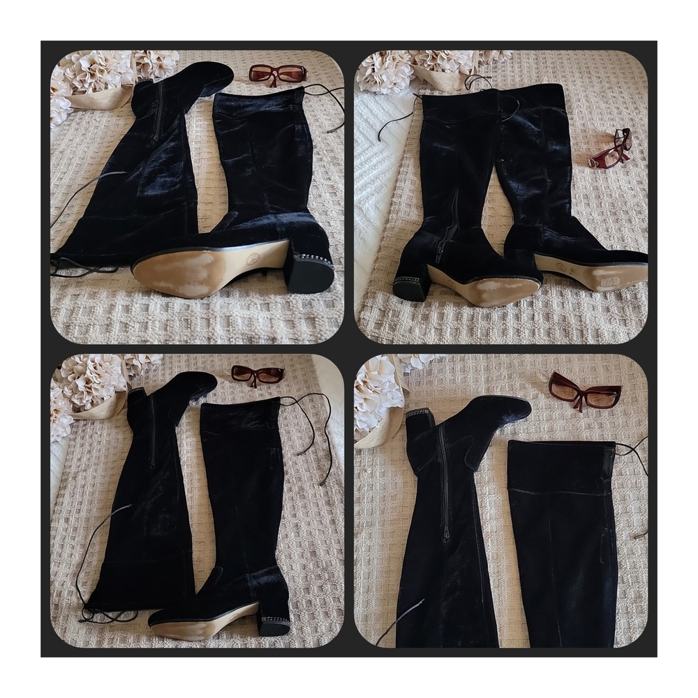 Michael Kors Knee-High Velvet Boots Black Chain Heel Block Heel Size 7